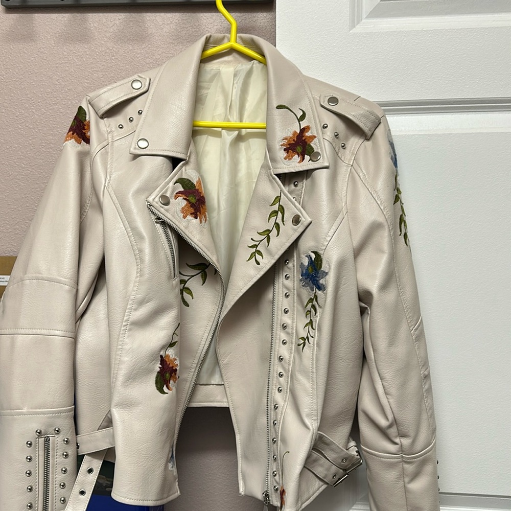 Cream like Leather Biker Jacket with Floral Embroidery